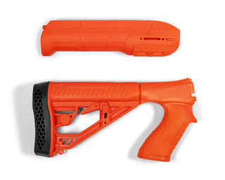 Adaptive Tactical EX Performance Forend & Adjustable Stock for Rem 870 12GA shotguns is made of orange polymer